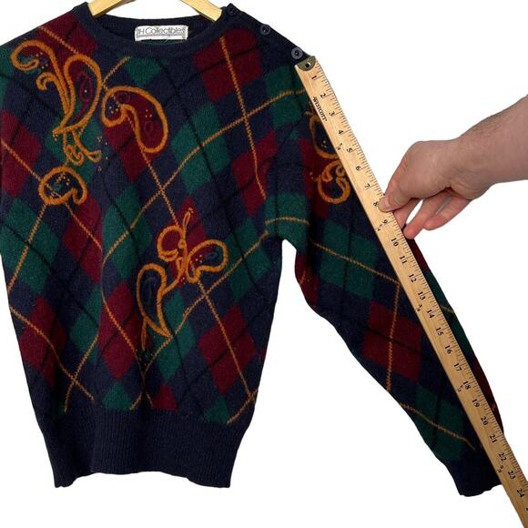 VINTAGE y2k Womens S Preppy WOOL 3D Sweater EMBROIDERED Argyle Blue Old Money - Picture 8 of 8